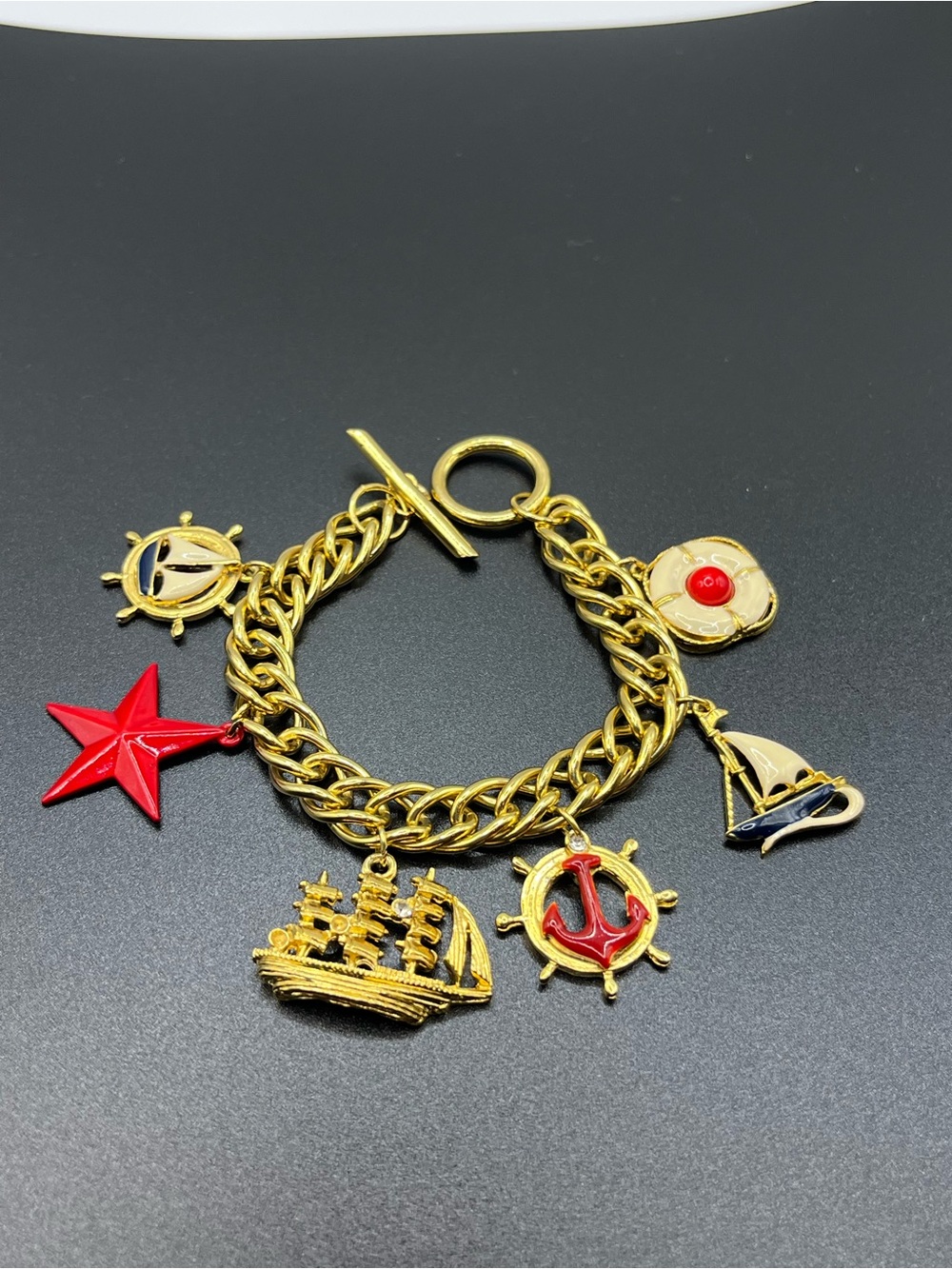 Gold Nautical Charm Bracelet with Red Star & Ship Charms Red White Blue